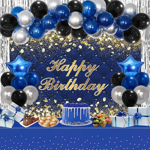 Miniatura 5 de Renaiss Telón de Fondo Banner de Feliz Cumpleaños de 5x3 pies Diamantes Reales Dorado Azul Fondo de Fotografía para Hombres Mujeres Fiesta