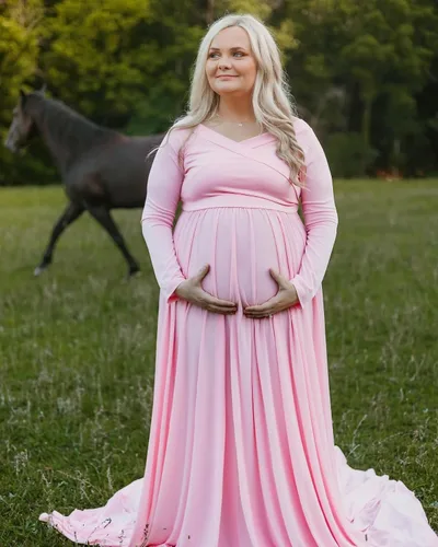 Miniatura 3 de Saslax - Vestido de noche de maternidad con hombros descubiertos, corte de medio círculo, para baby shower, fotos