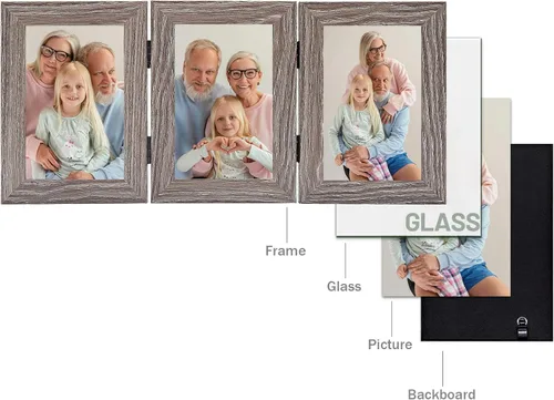 Miniatura 3 de Frametory, 3 Marcos de Fotos 4x6 Marcos de Fotos Trípticos Collage - Cristal Real - Triple Plegable (Gris, 1 Paquete)