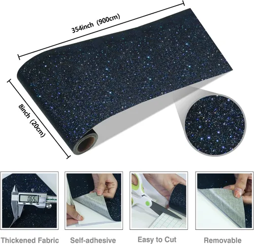 Miniatura 9 de CRE8TIVE Papel Tapiz con Purpurina Negro Azul Adhesivo y Despegable 8"x354" Borde de Papel Tapiz con Purpurina Tela Brillante Espumosa Borde
