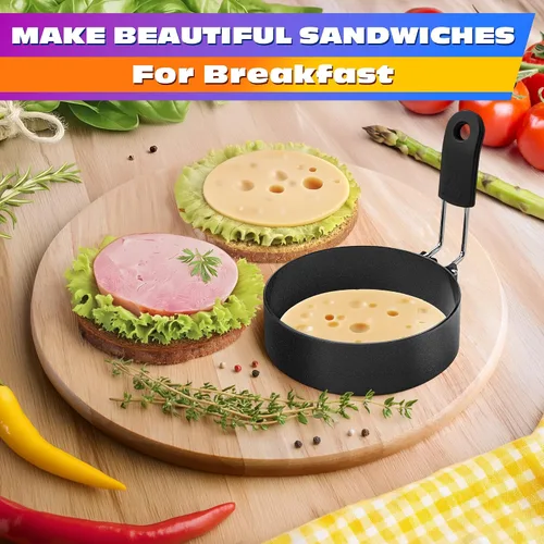 Miniatura 9 de 2 anillos de huevo para freír huevos, molde redondo de acero inoxidable de 2.89 pulgadas, mango plegable, resistente al calor y no deformable