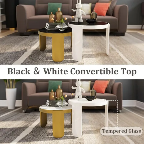 Miniatura 5 de ACEDÉCOR Mesa auxiliar anidable 4 en 1, moderna mesa central redonda con parte superior de vidrio templado convertible, mesa auxiliar apilable
