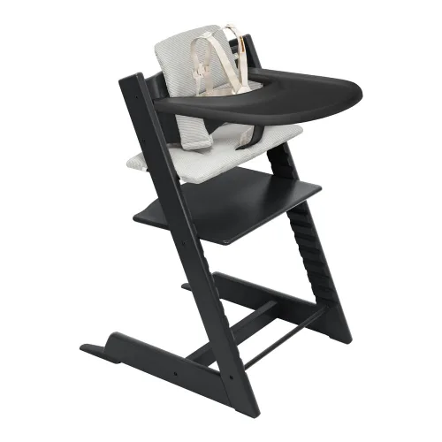 Silla alta Stokke Tripp Trapp 2 (negra), cojín 2 (gris nórdico) + bandeja Stokke (negra) - Incluye silla + juego de bebé con arnés extraíble para