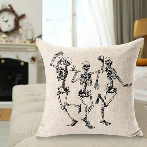 Miniatura 4 de Funda de almohada con diseño de calavera de Halloween, decoración del hogar, lino y algodón, funda de cojín de 18 x 18 pulgadas / 45.72 x 45.72 cm.