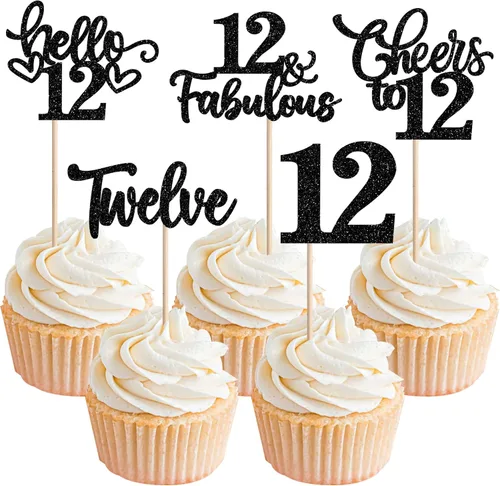 30 piezas de adornos para cupcakes de 12 cumpleaños feliz, brillantes doce, hola 12, felicitaciones a 12 años, adornos para cupcakes, 12 y