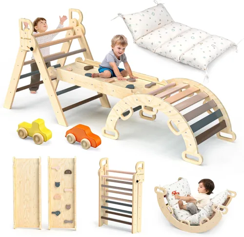 Miniatura 11 de BlueWood Conjunto de Triángulo Pikler con Cojín, Juguetes de Escalada 8 en 1 para Niños Pequeños, Gimnasio de Juegos de Filosofía Montessori
