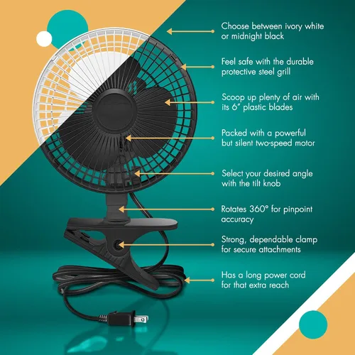 Miniatura 2 de JOEY'Z Ventilador con clip de 6 pulgadas - 2 velocidades - Inclinación ajustable, operación silenciosa - Negro Funcionamiento silencioso