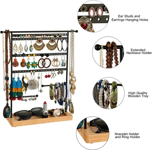 Miniatura 3 de Bielebbi Organizador de aretes, soporte para pendientes y soporte para joyas con soporte para collar de 4 niveles, bandeja de madera adecuada