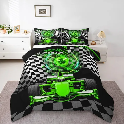 Miniatura 14 de Feelyou Juego de edredón azul de carreras para niños, juego de ropa de cama de coche deportivo para niños y niños, edredón deportivo geométrico a