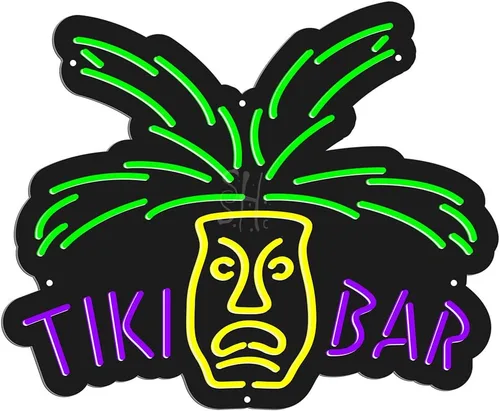Tiki Bar - Letrero LED de neón de 24 pulgadas de alto x 22 pulgadas de ancho, color verde, amarillo limón y morado, parte trasera acrílica cortada