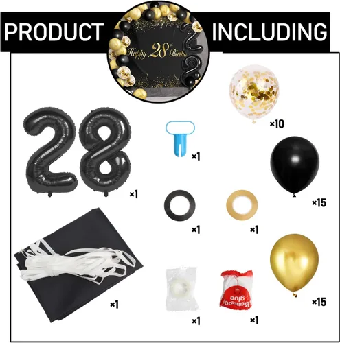 Miniatura 3 de Globos de Feliz 28º Cumpleaños Conjunto Negro Decoración - Brindis por los 28 Años Guirnalda Temática de Fiesta Banner Telón de Fondo Decoraciones