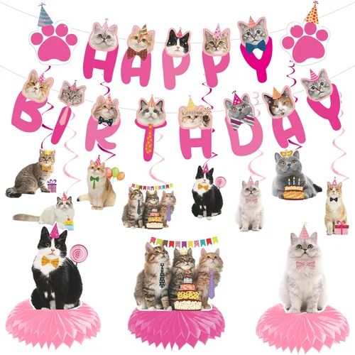 Remolinos colgantes para fiesta de cumpleaños de gatos - NOVBAUB 20 unidades, encantadores suministros de fiesta de cumpleaños de gato rosa, centros