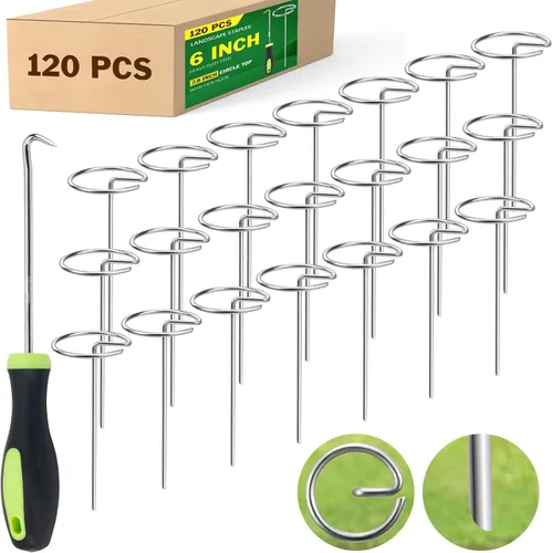 Miniatura 8 de Grapas de jardín resistentes de 6 pulgadas, paquete de 40 estacas de acero galvanizado de calibre 8 con parte superior circular, grapas