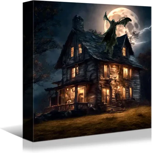 Miniatura 8 de YONICA Lienzo decorativo de Halloween para pared de sala de estar, decoración del hogar, calabaza de Halloween y gato negro sobre lienzo, obra