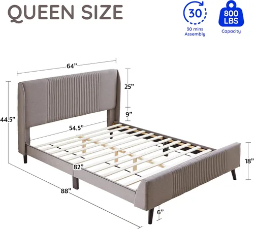 Miniatura 2 de Livinia Sunset - Cama de plataforma con respaldo de alas, base de cama tapizada de tela con cabecera de canal vertical, listones de madera fuertes