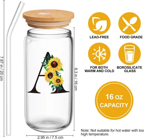 Miniatura 2 de Frerdui Regalos de cumpleaños para mujeres, vasos de vidrio con inicial con tapas y pajitas, regalo de girasol para mujeres, regalo personalizado