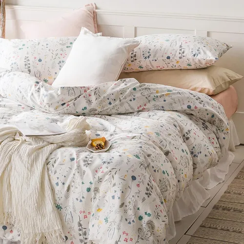 Miniatura 34 de Juego de funda de edredón blanca con estampado floral azul, juego de ropa de cama de algodón suave estilo bohemio, juego de ropa de cama estética