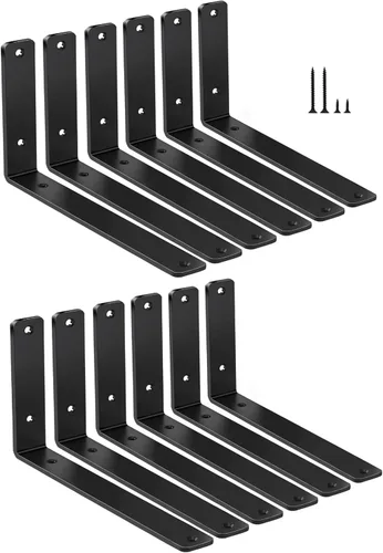 Paquete de 12 soportes de hierro en L, negro, 11 pulgadas de largo x 6 pulgadas de alto x 1.5 pulgadas de ancho, 13/64 pulgadas de grosor, para