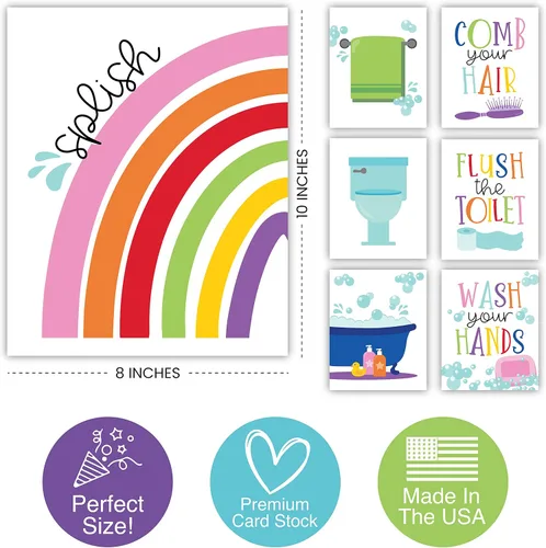 Miniatura 7 de Hadley Designs 6 impresiones artísticas reversibles para niños y niñas, arte de pared de 8 x 10 pulgadas, decoración de baño para niños, decoración