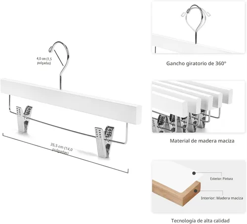 Miniatura 2 de Nature Smile Perchas de madera para pantalones, parte inferior de madera, pantalones de mezclilla, falda con clips, gancho antioxidante, paquete