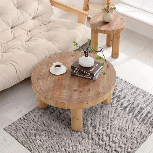 Miniatura 4 de RUSTOWN Mesa auxiliar redonda de 2 piezas, juegos de mesa auxiliar rústica, acabado de anillo de madera circular con patas de madera maciza, juego
