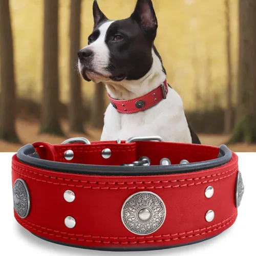 Miniatura 9 de Collar de cuero para perro, 2 pulgadas de ancho, collares de cuero genuino resistente, hecho a mano, suave y lujoso, la mejor opción llamativa