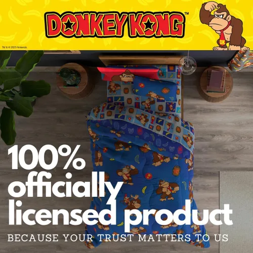 Miniatura 6 de Franco - Juego de ropa de cama coleccionable Nintendo Donkey Kong, 5 piezas, edredón reversible supersuave y juego de sábanas con funda, tamaño Rojo