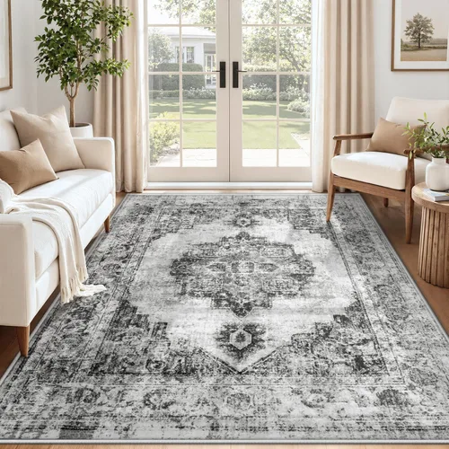 Alfombra de Área 5x7 Alfombras Vintage: Alfombra Medallón Lavable para Interiores de Pelo Bajo Desgastada Alfombra de Piso Alfombras de Acento Retro