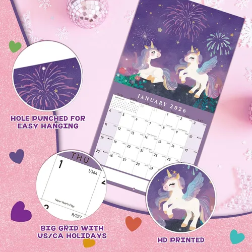 Miniatura 4 de Calendario infantil 2026 – Calendario de unicornio 2026 de 12 x 12 pulgadas para niños con más de 400 calcomanías divertidas, perfecto