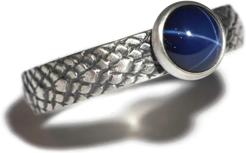 Miniatura 3 de Salish Sea Inspirations Created Blue Star Sapphire Ring Dragon Scale Pattern Vintage Silver (Round Stone)