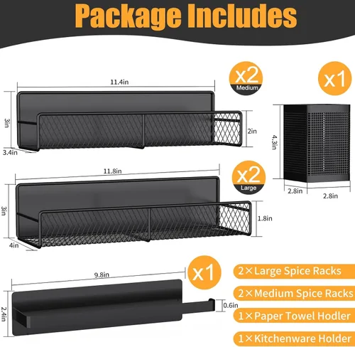 Miniatura 2 de Estante magnético para especias para refrigerador, paquete de 6 estantes magnéticos fuertes 100% de metal, negro, organizador de especias que ahorra