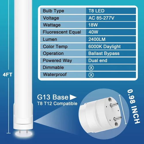 Miniatura 2 de Paquete de 24 bombillas LED T8 de 4 pies, luz blanca diurna de 6000 K, equivalente a 40 W, bypass de balasto, tubo de luz tipo B de doble extremo