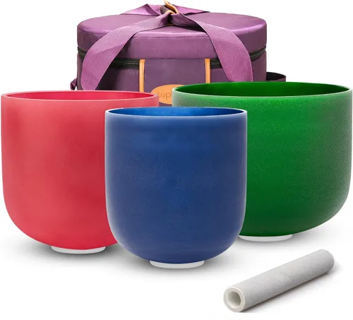 TOPFUND Juego de 3 cuencos de cristal de color (8 pulgadas F+7 pulgadas C + 6 pulgadas) 432 Hz con funda de transporte resistente y mazos