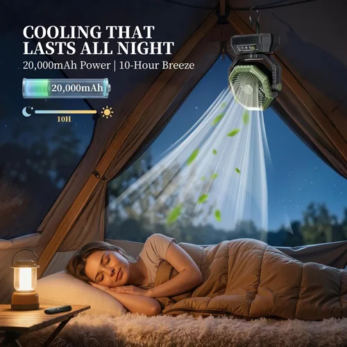 Miniatura 5 de AJVV Ventilador de campamento, batería oscilante, portátil, recargable, con luz y control remoto para campamento, al aire libre, corte de energía