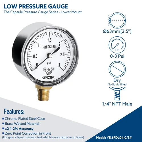 Miniatura 2 de SENCTRL 0-3 Psi Medidor de Baja Presión, Medidor de Cápsula, Tamaño de Dial de 2-1/2", Montaje Inferior de 1/4" NPT, Ajuste Cero, para Prueba