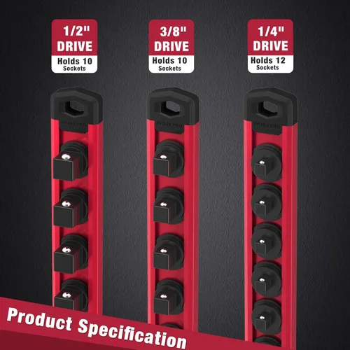 Miniatura 8 de WORKPRO Organizador magnético de llaves de vaso, riel de llaves de aleación de aluminio de 1/2 pulgada, soporte para llaves de vaso de servicio Rojo