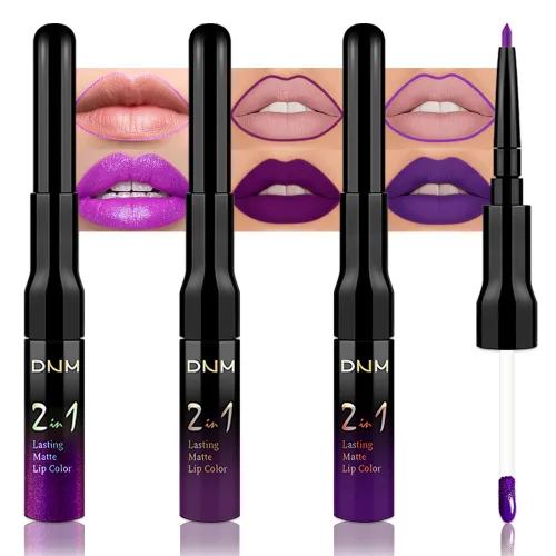 Miniatura 20 de 3 piezas 2 en 1 Set de delineador y lápiz labial líquido de color negro oscuro, púrpura y azul real para mujeres, tinte labial de larga duración, a