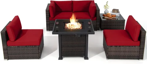 Miniatura 16 de Tangkula Juego de 6 piezas de mimbre para patio, juego de sofá de ratán para exteriores con mesa de fuego de propano de 32 pulgadas, calor de 50,000