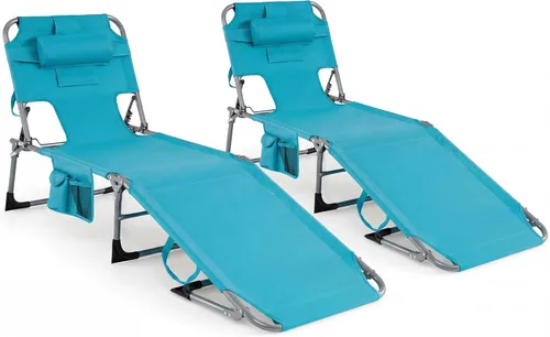 Miniatura 15 de Tangkula Silla de bronceado con agujero frontal, plegable y ajustable para patio, silla reclinable, para playa, tomar el sol, con bolsillo lateral