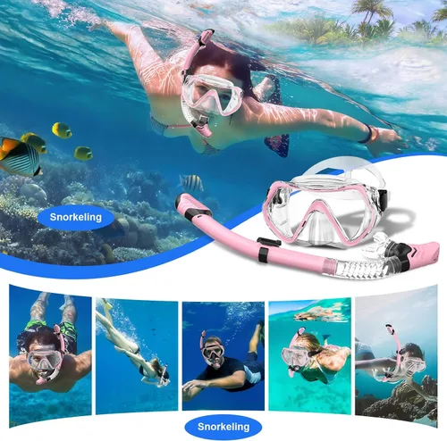 Miniatura 6 de Dry Snorkel Set,Panoramic Wide View Anti-Fog Scuba Diving Mask,Professional Snorkeling Gear for Adults Rosa