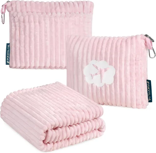 Miniatura 13 de PAVILIA Manta de viaje y almohada, suave manta de avión de forro polar acanalado con bolsa, manta compacta de avión plegable de 65 x 40 pulgadas