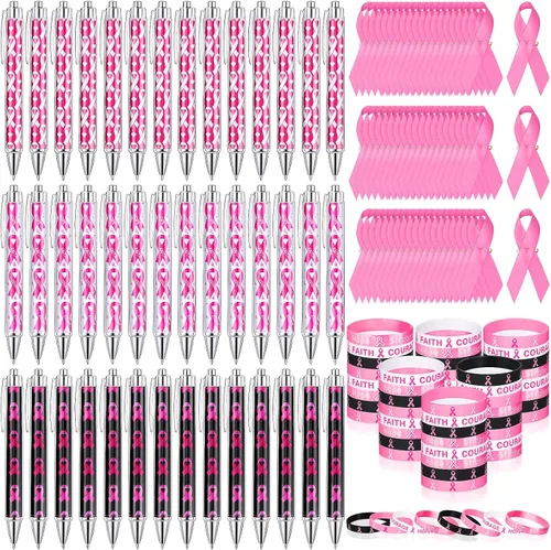 Seajan 180 accesorios para concientización sobre el cáncer de mama, 60 pulseras de cinta rosa, 60 pines para cáncer de mama, bolígrafos de tinta
