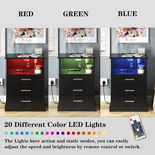 Miniatura 8 de Halitaa Mesita de noche LED negra con estación de carga, mesa auxiliar con 3 cajones y luz, mesa de cabecera con almacenamiento abierto, gabinete