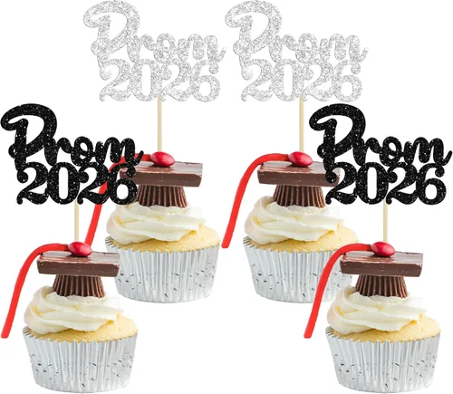 Miniatura 34 de Gyufise 24 piezas de decoración para cupcakes con purpurina para graduación 2026, decoración de pasteles para graduación 2026, decoración de Negro
