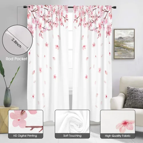 Miniatura 2 de zokyer Cortina de ventana larga y ancha para ventana, diseño de flores de cerezo con ramas de Sakura japonesas, arte de jardín para niñas, 52