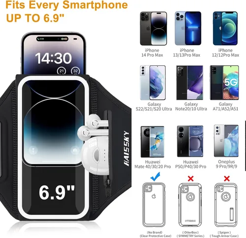 Miniatura 3 de Brazalete para correr con bolsa para auriculares, brazalete para teléfono celular para iPhone 17 16 15 Pro 14 Plus 13 11 XR, Galaxy S24/S10 Negro