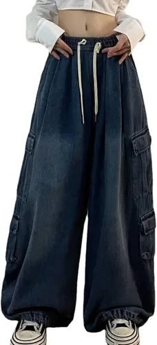 Pantalones de mezclilla holgados Grunge Y2K Emo Alt Cargo Pant Fairycore Demin Aesthetic Jogger Pantalones de chándal Hiphop Cordón Streetwear