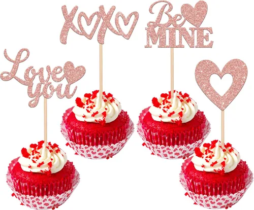 Miniatura 15 de Paquete de 24 adornos para cupcakes con purpurina en forma de corazón con temática de amor dulce, decoración de pasteles para el día de San
