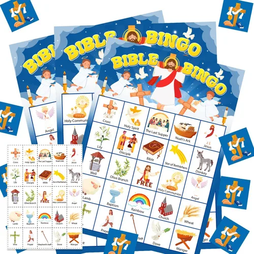 Juego de bingo bíblico para 24 jugadores, juego de bingo para adultos, actividad de la iglesia dominical cristiana de Jesús, suministros de