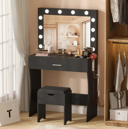 Miniatura 6 de Juego de mesa de tocador con espejo iluminado, tocador de maquillaje con estación de carga, cajón grande de madera resistente con luces, 3 modos